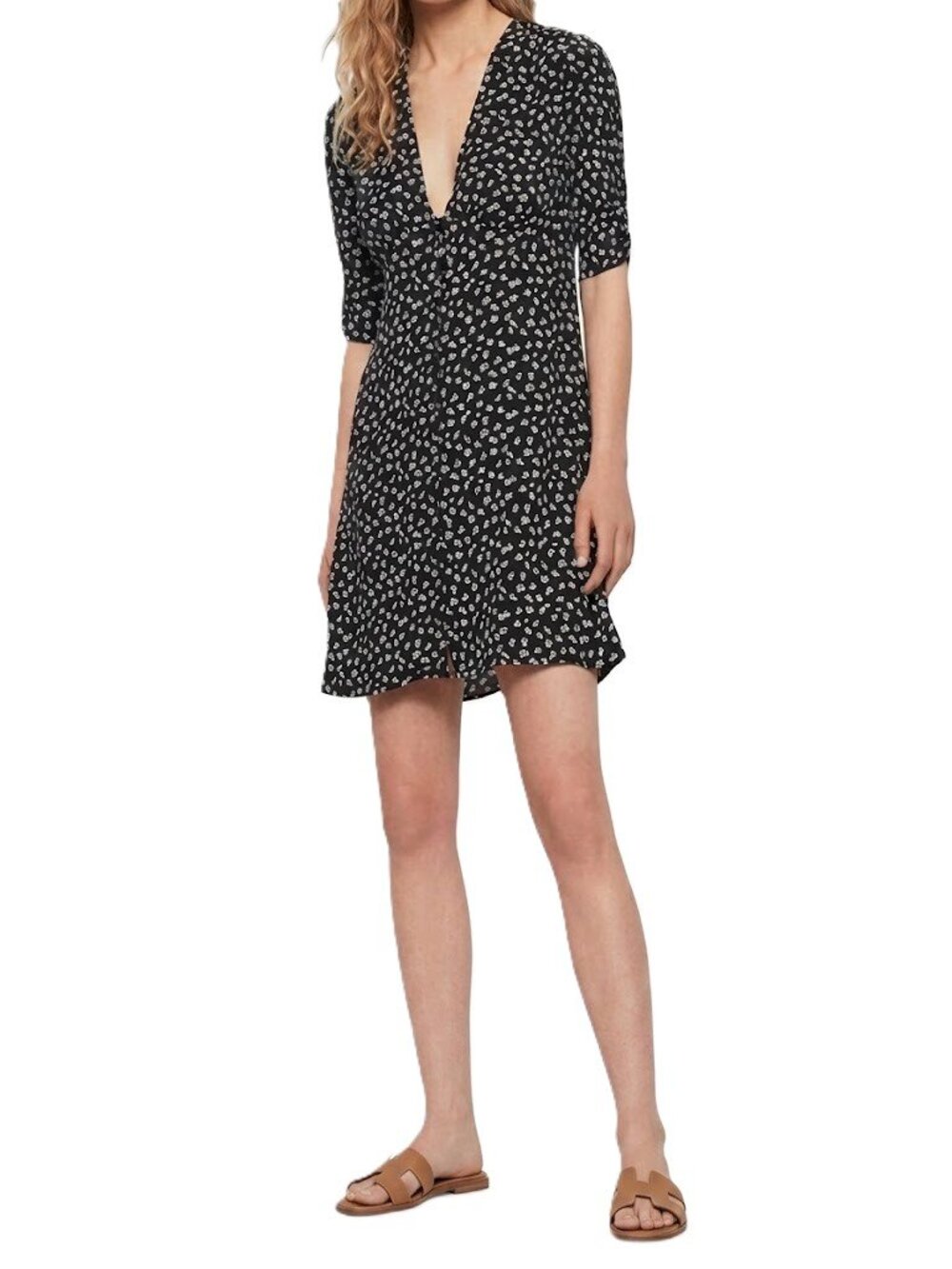 ALLSAINTS Kota Scatter Print Mini Dress Medium Black Cream Viscose Summer EUC